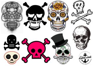 Doodshoofdtatoeages tijdelijke tatoeage. Doodshoofd met hoed en verschillende doodshoofden als tijdelijke tattoo.