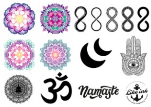 Yoga tatoeages. Verschillende yoga symbolen, yoga studio, namaste tatoeages. Tijdelijke tatoeages op Like ink.