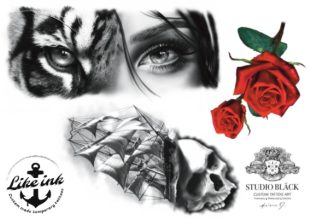 Tatoeage-ontwerp van Helene van Studio Bläck. Koop haar ontwerp als tijdelijke tatoeages met motieven zoals rozen, schedel en tijgergezicht.