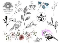 Nep tatoeages met motieven van planten, vogels, takken en bloemen. Mooie tatoeage.