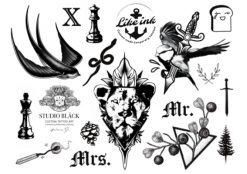 Tijdelijke tatoeages met motieven van leeuwen, messen, zwaluwen en andere mooie motieven.