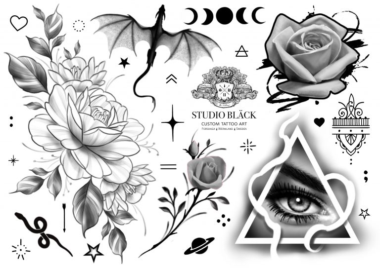 Nep tatoeages met verschillende motieven van de tattoostudio Studio Bläck.