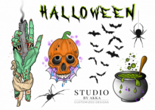 Halloween nep tatoeages met heksenbrouwsel, vleermuizen en schedels.
