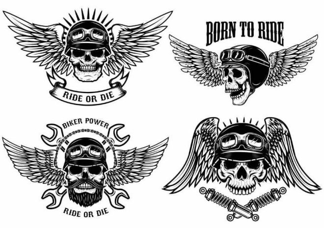 "Born To Ride" tatoeages, schedels met vleugels.