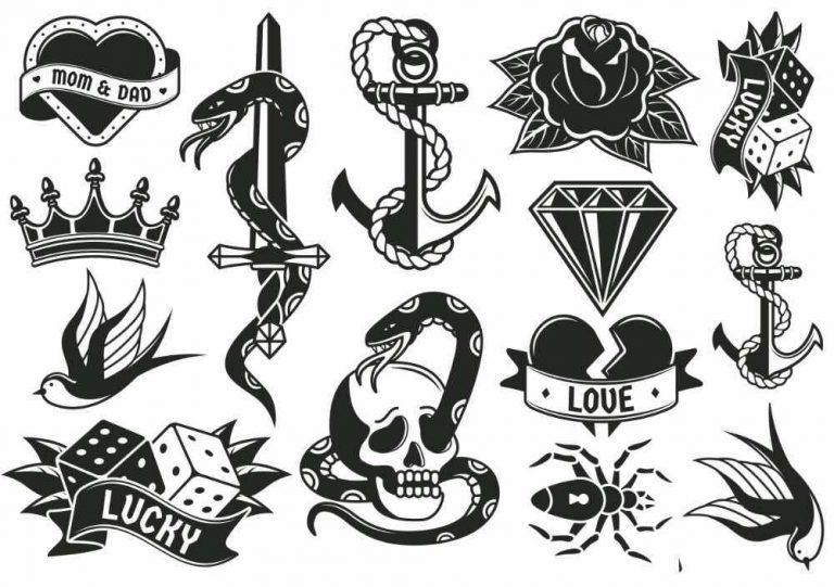 Oldschool tatoeagesymbolen, diamant, dobbelstenen, zwaluw.