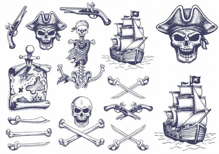 Met de hand getekende piratentatoeages, skelet, piraat, schatkaart.