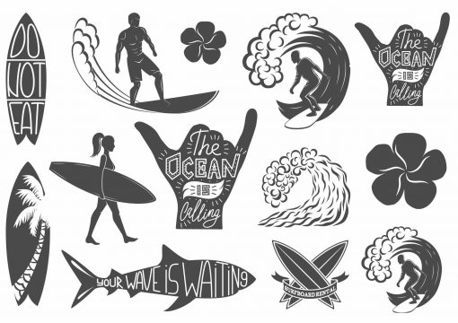 Surf motief eenmalige tatoeages. Hang loose, zwarte surf tatoeages. Golf tatoeage.