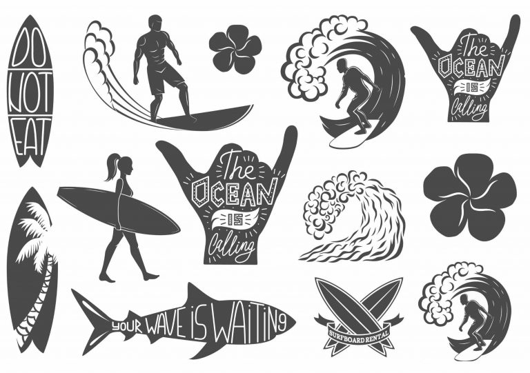 Surf motief eenmalige tatoeages. Hang loose, zwarte surf tatoeages. Golf tatoeage.