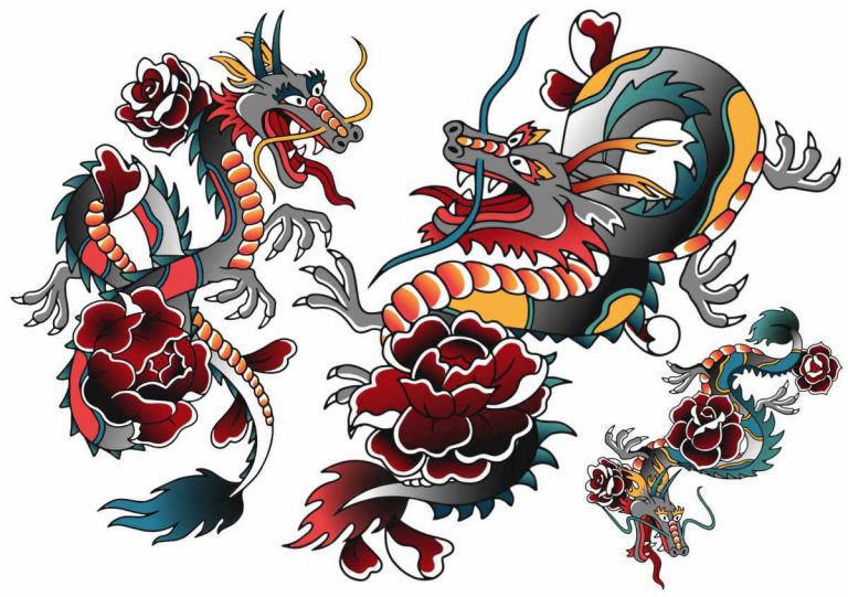Tijdelijke tatoeages met gekleurde draken in Old-School-stijl.
