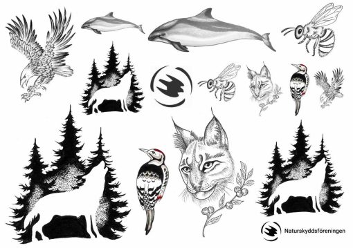 Naturskyddsföreningen tatoeages met motieven van wolf, bruinvis en lynx.