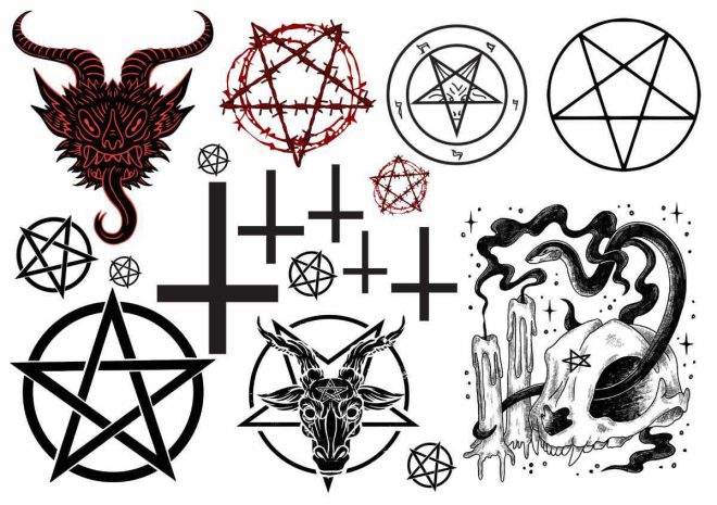 Satanisme tatoeages als nep tatoeages op A5-vellen. Bestel bij Like ink.