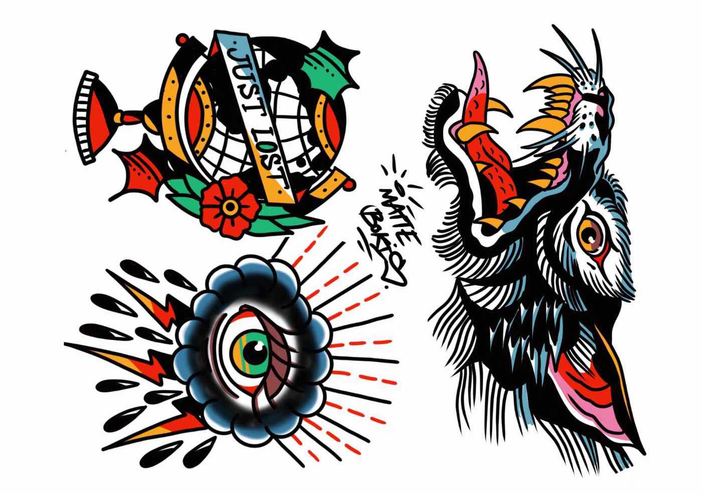 Kleurrijke nep-tatoeages in old school stijl met een wereldbol, de tekst "just lost", en een wolf.